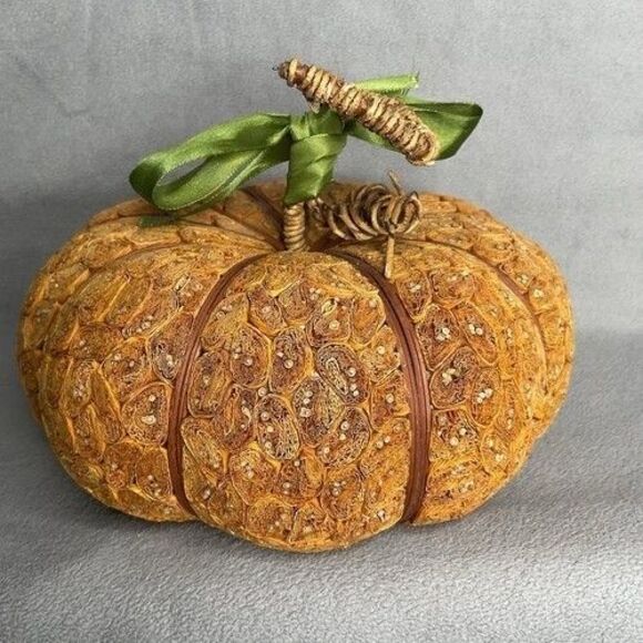 VTG NWOB Handmade Woven Decoration Halloween Decorative Pumpkin Orange H6"/D9" - Picture 1 of 8